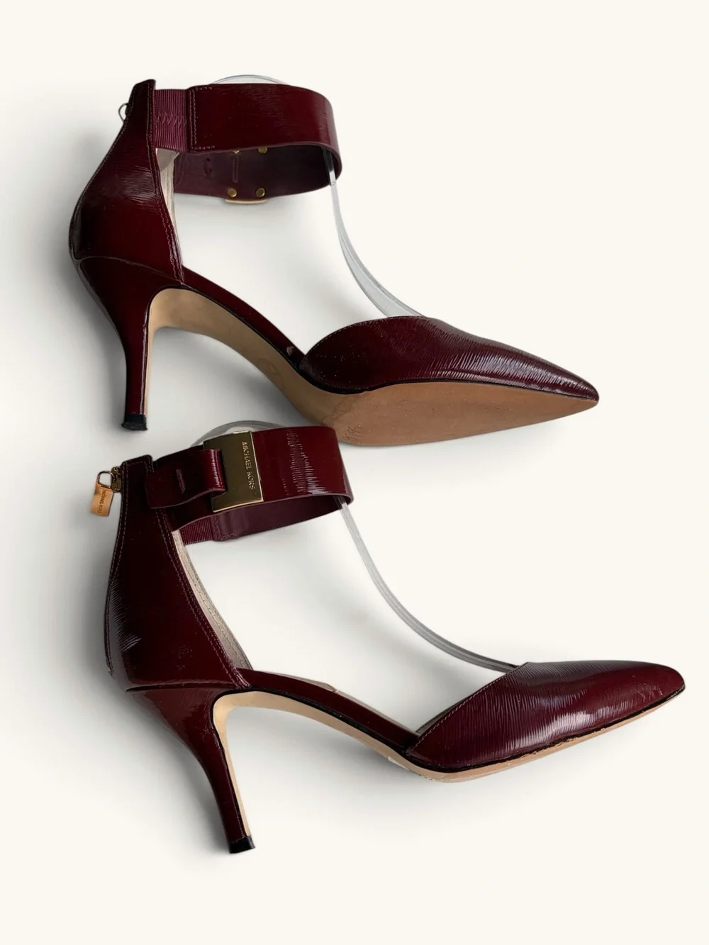 Michael Kors Burgundy Pointed-Toe Ankle-Strap Heels with Gold Accent